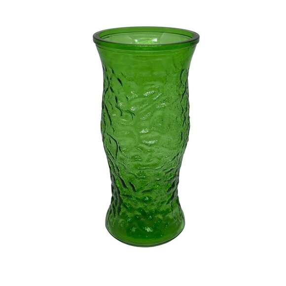 VTG MCM Emerald Green Crinkle Glass Vase | Heavy Textured 10" Tall Bark Design - Picture 1 of 6